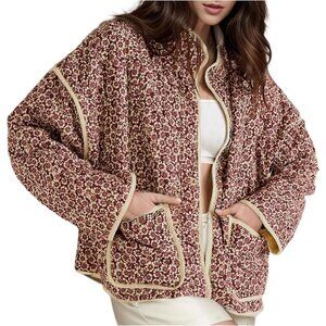 Women's Floral Quilted Jackets Cropped Button Down Padded Puffer Jacket Red